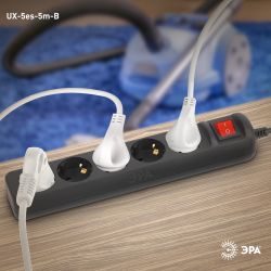 Удлинитель электрический ЭРА UX-5es-5m-B с заземлением с выключателем 5 розеток 5 м ПВС 3x0,75мм2 10А черный | Бытовые удлинители