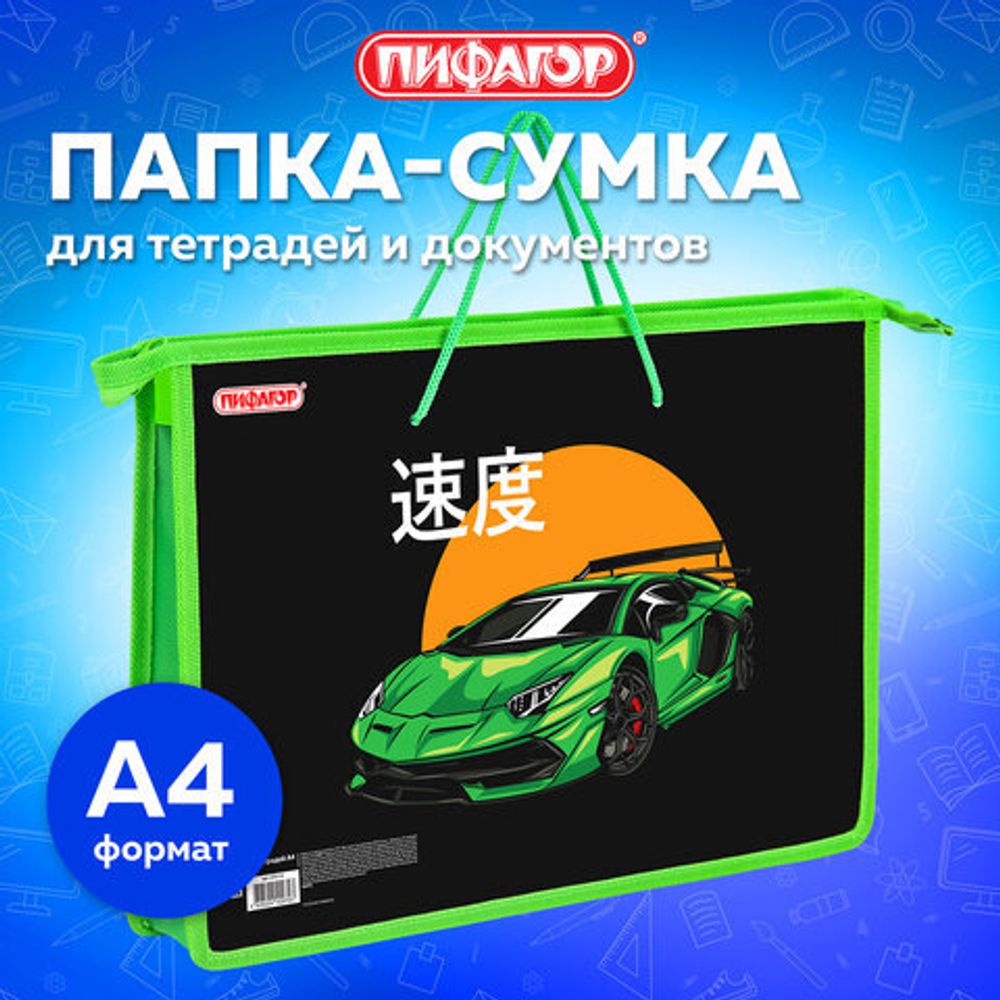 Папка на молнии с ручками ПИФАГОР А4, 1 отделение, пластик, ручки-шнурок, "Dive into drive", 272112