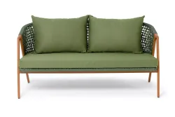 "Амстердам" диван 2-местный плетеный из роупа, каркас алюминий, роуп зеленый круглый, ткань зеленая