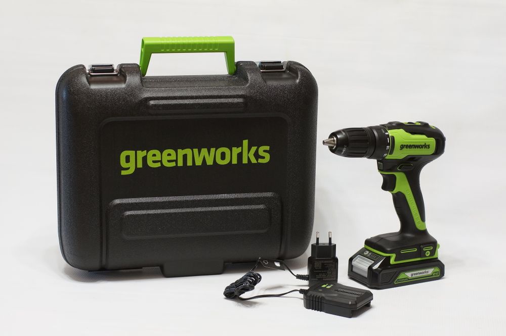 Аккумуляторная дрель шуруповерт Greenworks GD24DD35K2,3704007UA, 24v, АКБ 2 А·ч и ЗУ в кейсе
