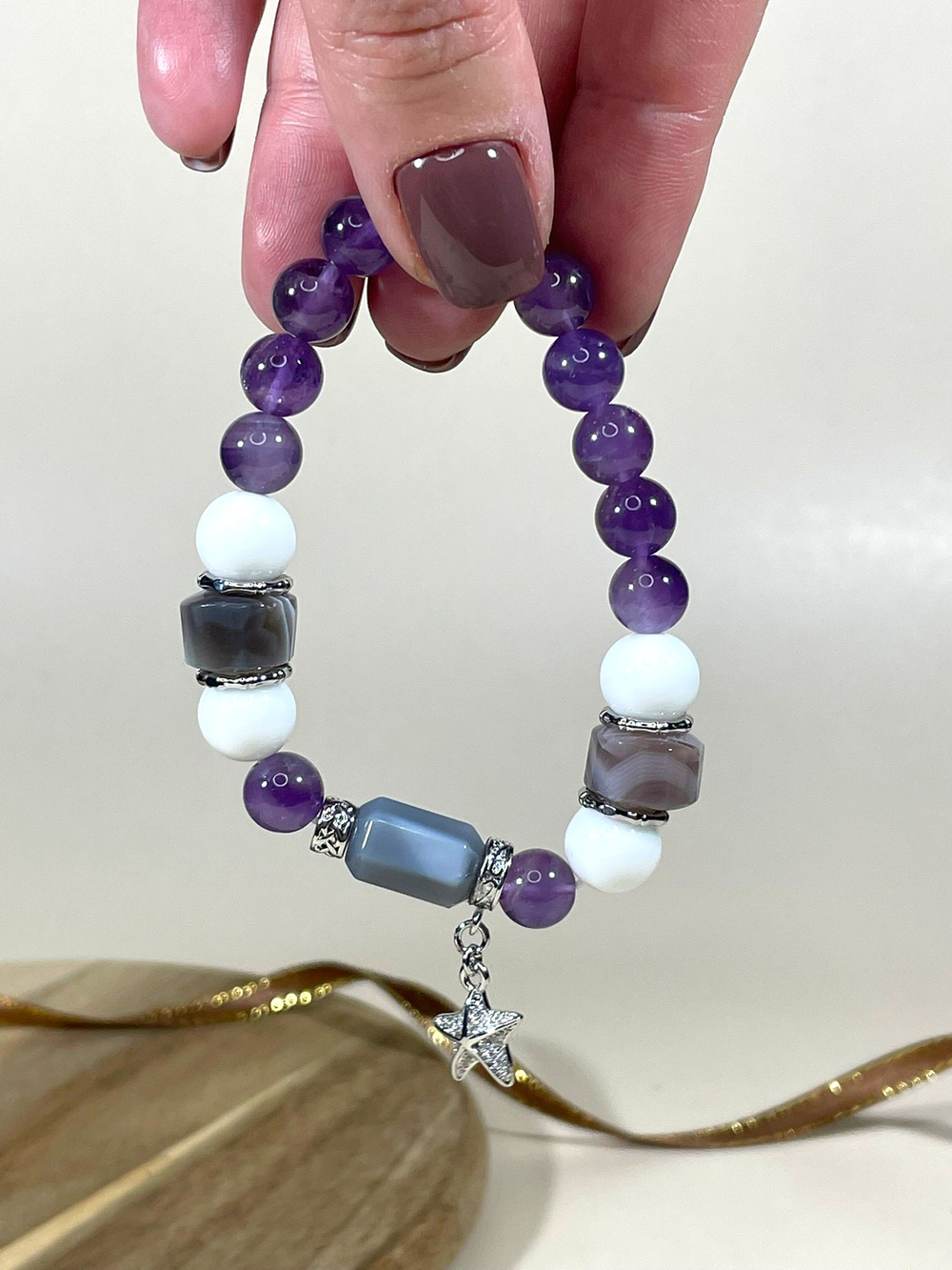 Браслет для Близнецов, агат и аметист