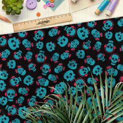 Ткань ниагара зелёные черепа в розовых наушниках и респираторах