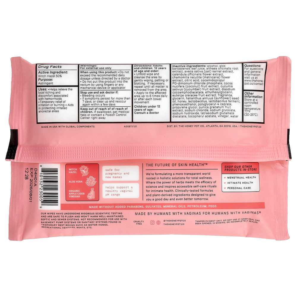 The Honey Pot Company, Успокаивающие салфетки от геморроя, максимальная сила действия, 20 салфеток