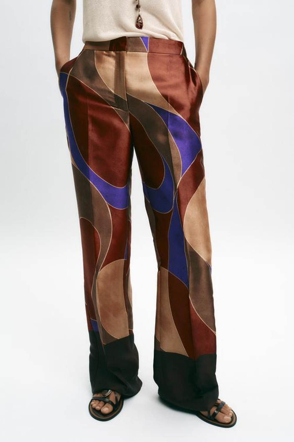 ZARA БРЮКИ ИЗ АТЛАСА С ПРИНТОМ, РАЗНОЦВЕТНЫЙ