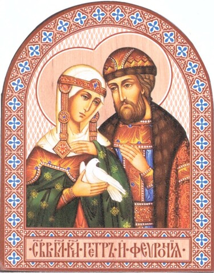 Икона аркой Петр и Феврония (с голубем), блг.князья на дереве: 95 х 120 (Синопсисъ)