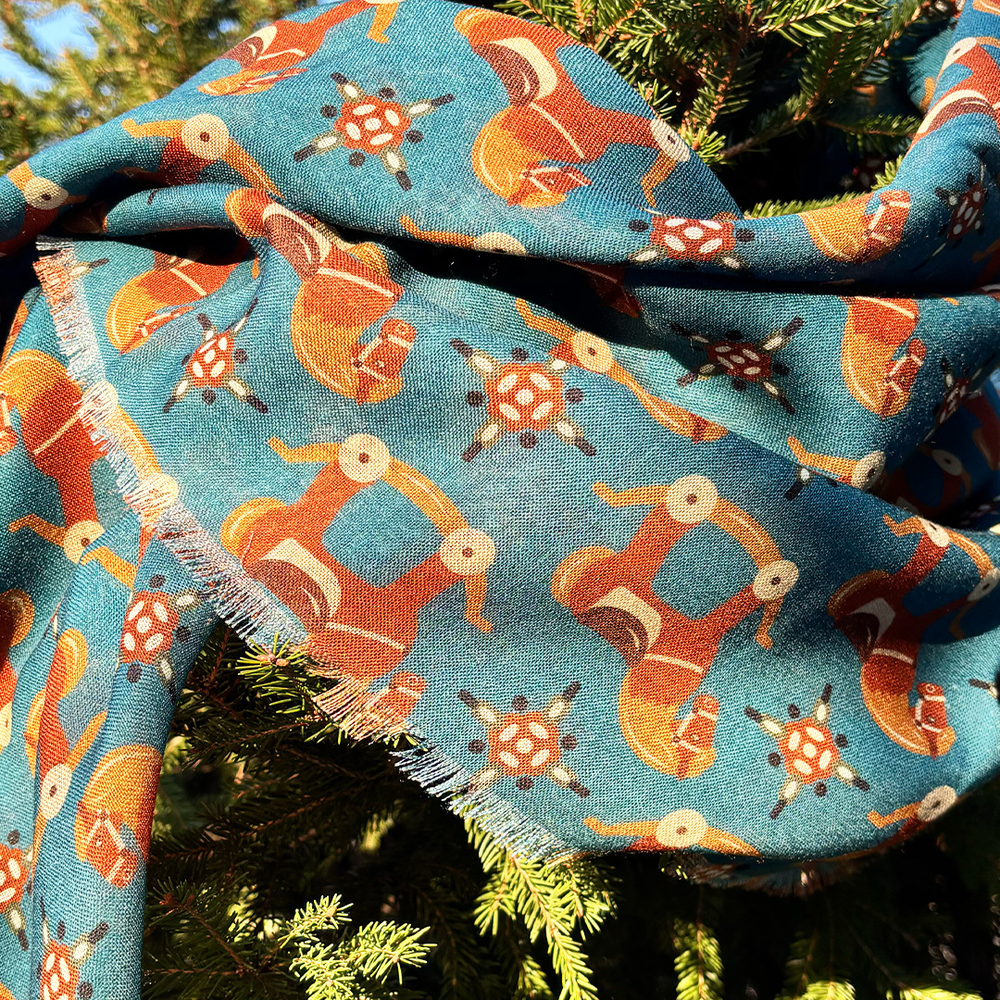 Шаль 120*120см, ЛОШАДКИ на синем