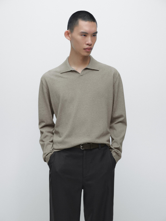 Massimo Dutti Свитер поло из хлопкового трикотажа, серовато-зеленый