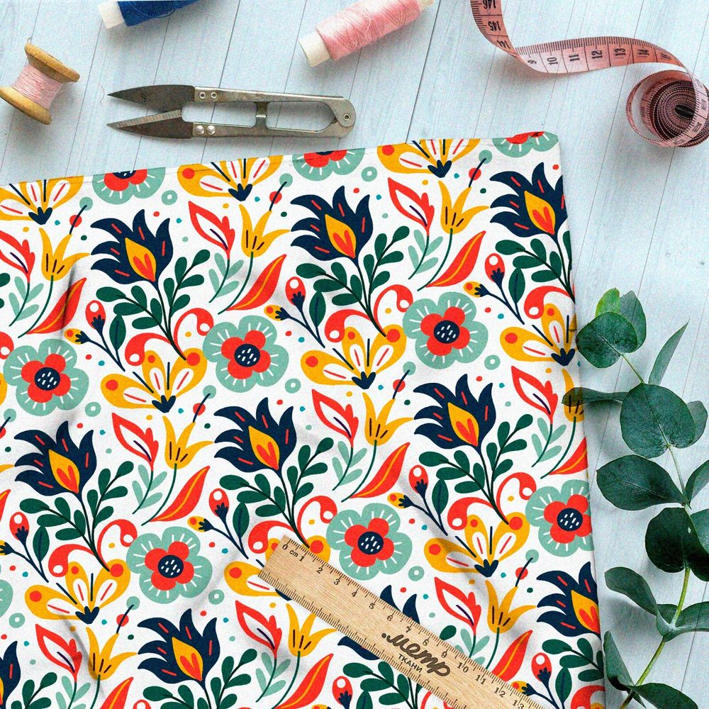 Ткань кулирная гладь яркие цветы из советского мультика