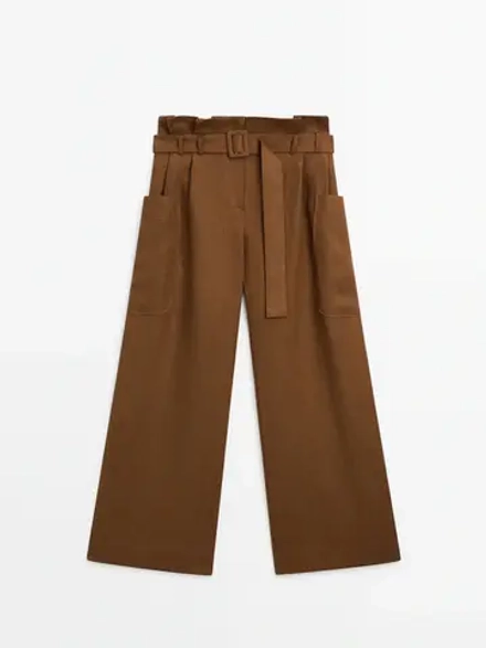 Massimo Dutti Льняные брюки с защипами на поясе — Studio, цвет верблюжьей шерсти