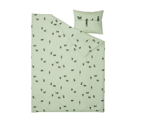 BARNDROM Пододеяльник и наволочка, кошачий узор/зеленый,150x200/50x60 cм