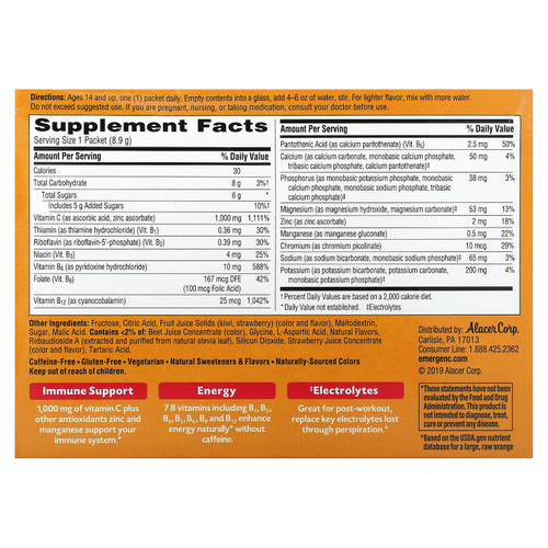 Emergen-C, Витамин C, смесь ароматизированных газированных напитков, клубника-киви, 1000 мг, 30 пакетиков по 0,31 унции (8,9 г) каждый
