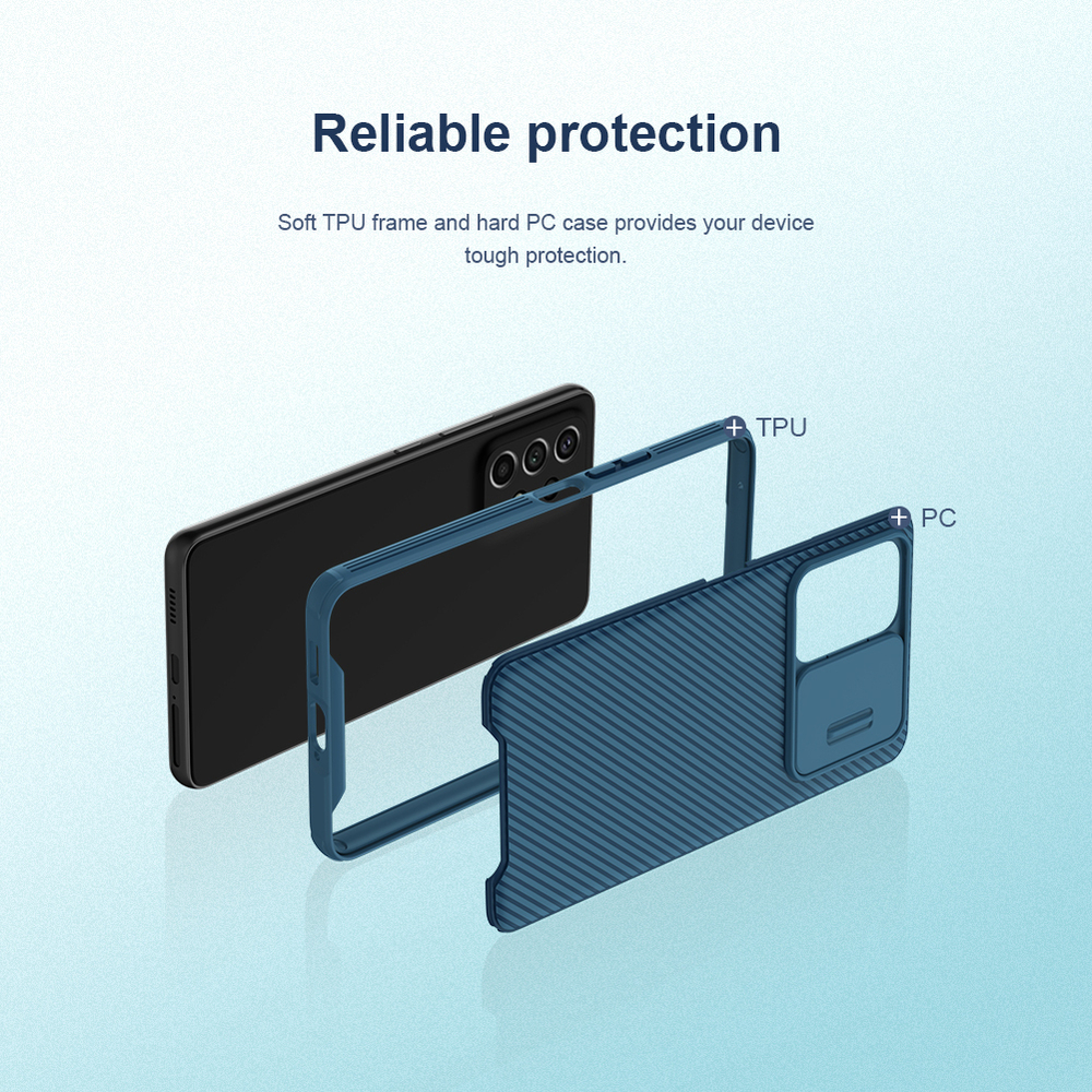 Чехол синего цвета усиленный для смартфона Samsung Galaxy A53 5G от Nillkin, серия CamShield Pro Case, с сдвижной крышкой для камеры