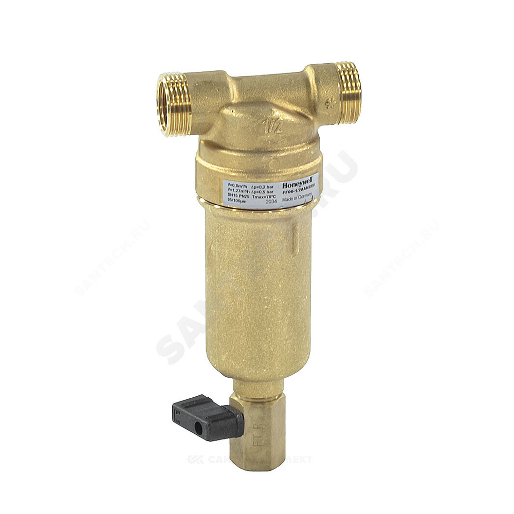 Фильтр сетчатый T-образный латунь Ду 25 Ру25 Тмакс=80 oC G1" НР FF06 с краном Honeywell-Braukmann FF06-1"AAM