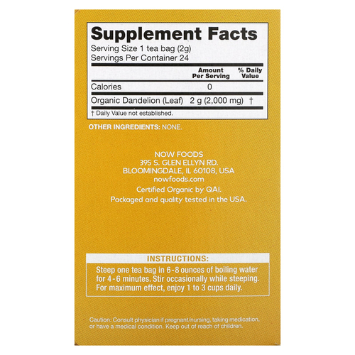NOW Foods, органический чай из одуванчика, без кофеина, 24 чайных пакетика, 48 г (1,7 унции)