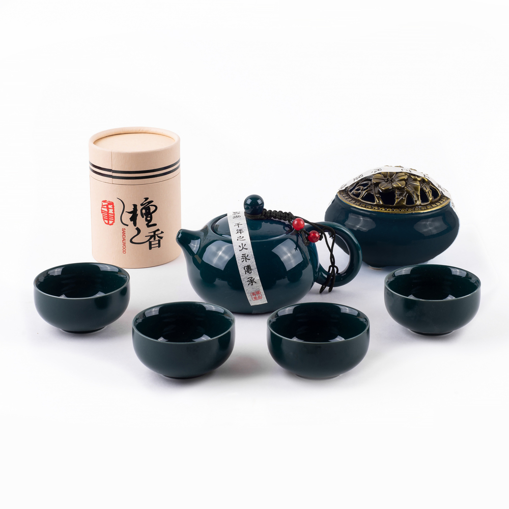 278221.2 Сервиз  "Магия аромата" чайник 220мл,банка,курильница,4 пиалы 60мл,коробка, фарфор, зелёный