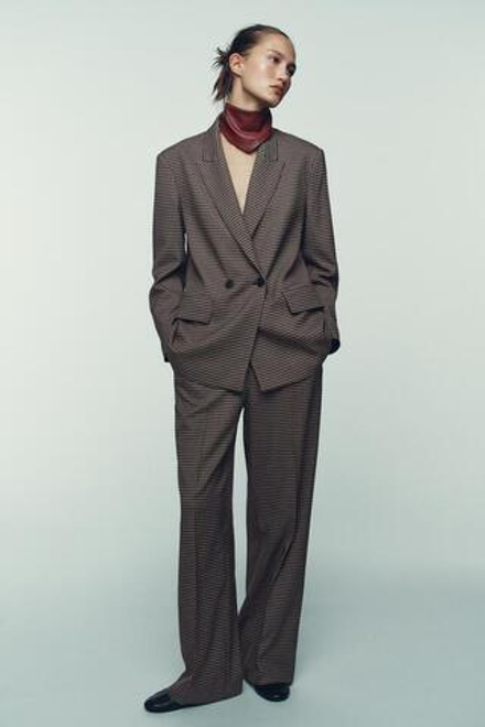 ZARA ПРЯМЫЕ БРЮКИ В КЛЕТКУ С ПОЯСОМ, КОРИЧНЕВЫЙ /ЭКРЮ