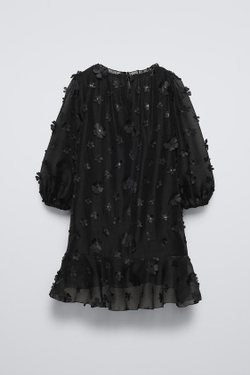 ZARA ПЛАТЬЕ ИЗ ОРГАНЗЫ С ЦВЕТОЧНЫМ ПРИНТОМ, ЧЕРНЫЙ