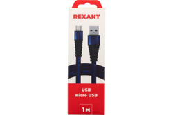 Кабель USB - micro USB REXANT 1 м, плоский, синяя джинсовая оплетка 18-1163
