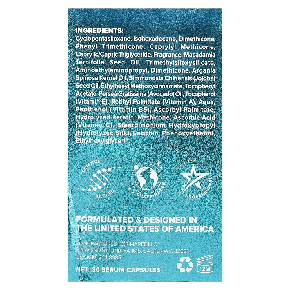 Maree, Масло для укладки волос, кертин и аргановое масло, витамины A, E, B5, для всех типов волос, с цветочным рисунком, 30 несмываемых сывороточных капсул