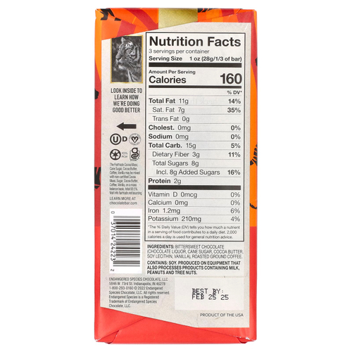 Endangered Species Chocolate, Зерна эспрессо + темный шоколад, 72% какао, 85 г (3 унции)