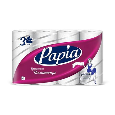 Полотенце бумажное PAPIA, 3-слойные, белые, 4 рулонов (7 уп.)