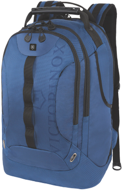 Качественный с гарантией прочный рюкзак синий объёмом 28 л из полиэстера 900D с отделением для ноутбука или планшета диагональю 16'', наружными карманом для бутылки или зонтика и мягкой продуваемой задней стенкой VICTORINOX VX Sport Trooper 16'' 31105309