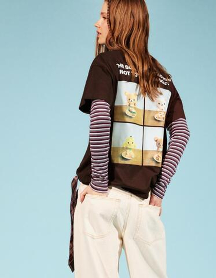 BERSHKA Футболка с короткими рукавами и принтом Rilakkuma, коричневый