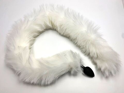 Черная анальная пробка с белым длинным хвостом (Цвет: белый)