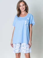 Свободный хлопковый комплект с цветочным принтом на шортах (Размер: XL) (Цвет: голубой)