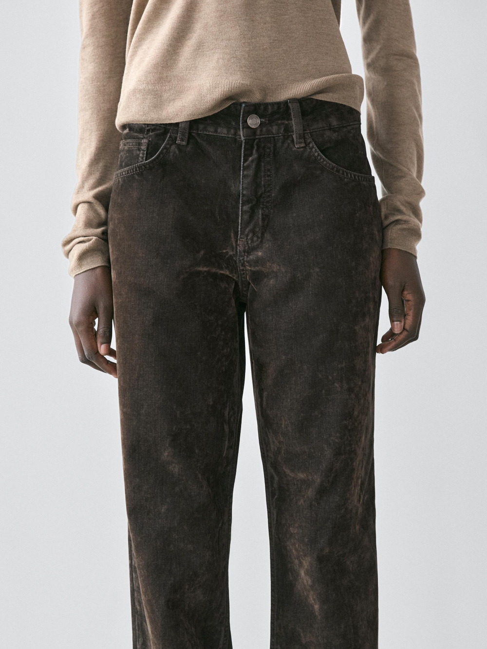 Massimo Dutti Джинсы прямого кроя с низкой посадкой и бархатной отделкой, хаки