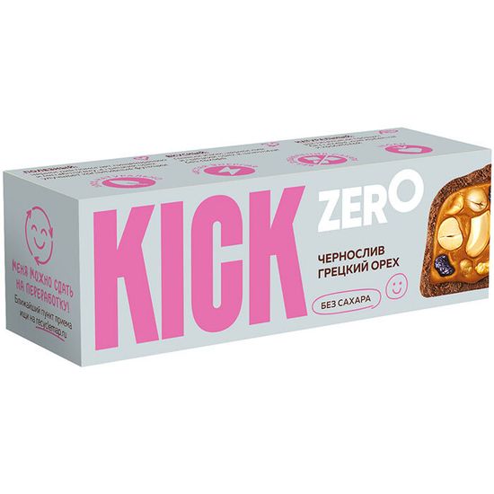 Батончик арахисовый с изюмом, черносливом и грецким орехом в шоколаде без сахара  ZERO KICK 45 г/10 шт