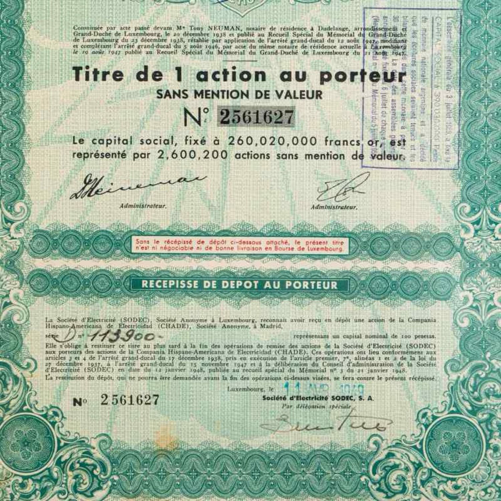 Винтаж: Акция компании № 2561627 / Société d’Electricité SODEC (SODEC)