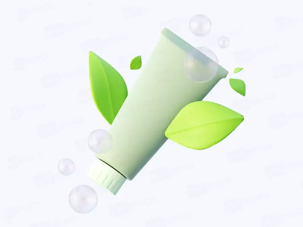 3D illustration of cosmetic tube in pastel green with leaves