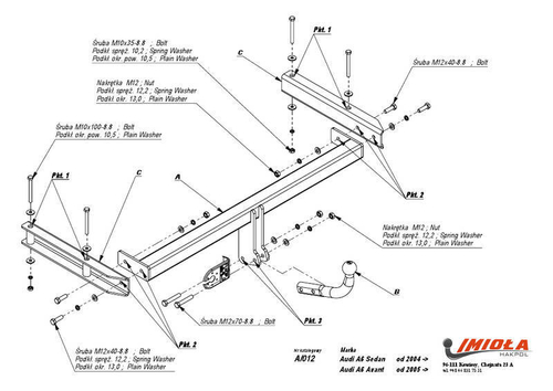 Фаркоп IMIOLA A.012 Audi A6 седан/универсал 2004-2011(паспорт и сертификат в комплекте)(без электрики)