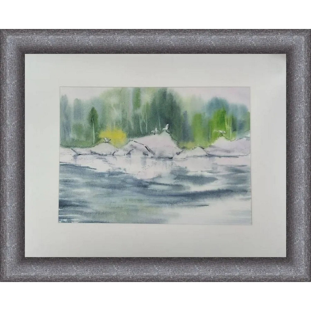 Картина авторская акварельная в паспарту 30х40 см на стену для интерьера "Чайки на скалах"