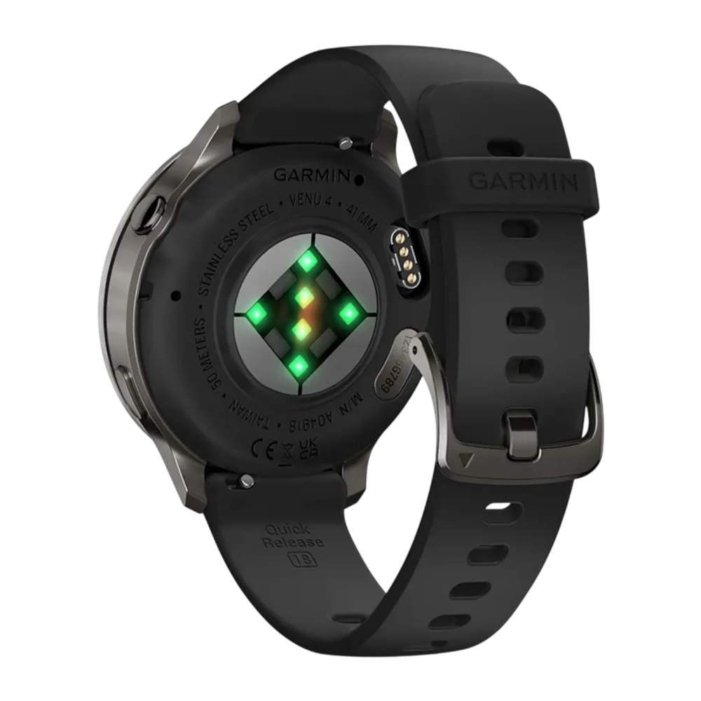 Спортивные часы Garmin Venu 4, 41 мм, чёрный силиконовый ремешок Безель из нержавеющей стали сланцевого цвета, корпус сланцевого цвета, AMOLED-дисплей со стеклом Gorilla Glass. Ремешок с классической застёжкой — на запястье обхватом 110–175 мм