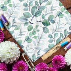 Ткань атлас крупные акварельные листья на белом фоне