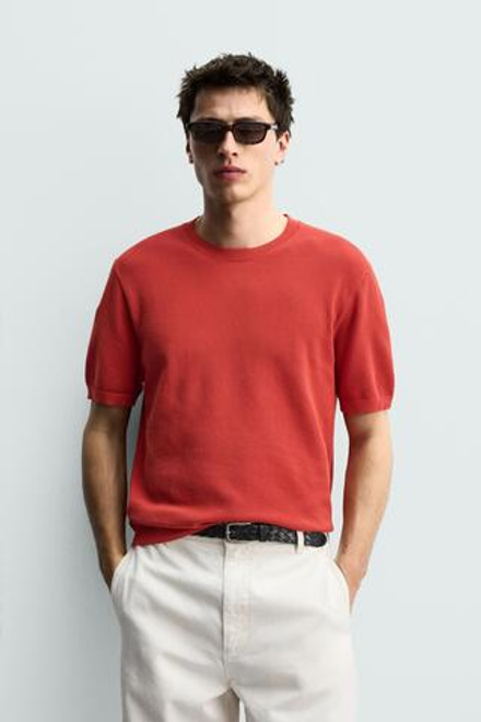 ZARA ФУТБОЛКА RELAXED FIT ИЗ ТРИКОТАЖА, КРАСНЫЙ