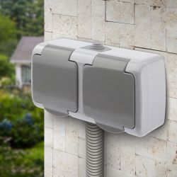 Розетка Intro Atlantic 5-203-03 двойная с заземлением 2х2P+E Schuko 16А-250В IP54 ОУ серый