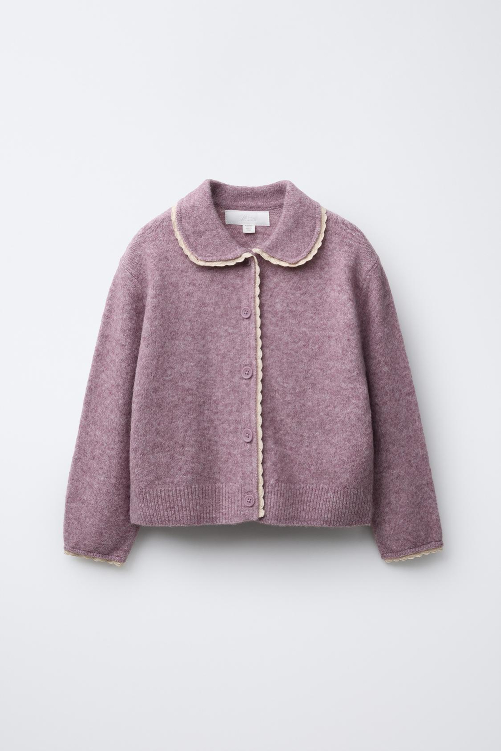 ZARA ВЯЗАНЫЙ КАРДИГАН С КРУЖЕВНОЙ ОТДЕЛКОЙ, ЦВЕТ МАЛЬВЫ