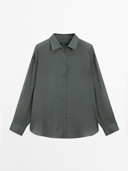 Massimo Dutti Рубашка свободного кроя из смесовой ткани рами, зеленый