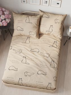 Постельное белье "КОТИКИ (беж)" 1,5-сп   наволочка 50х70 1шт Простынь на резинке 90х200 см  Пододеяльник 145х215 см  Сказка сатин