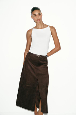 ZARA ЮБКА ИЗ ИСКУССТВЕННОЙ ЗАМШИ С РЕМНЕМ, ШОКОЛАДНО-КОРИЧНЕВЫЙ