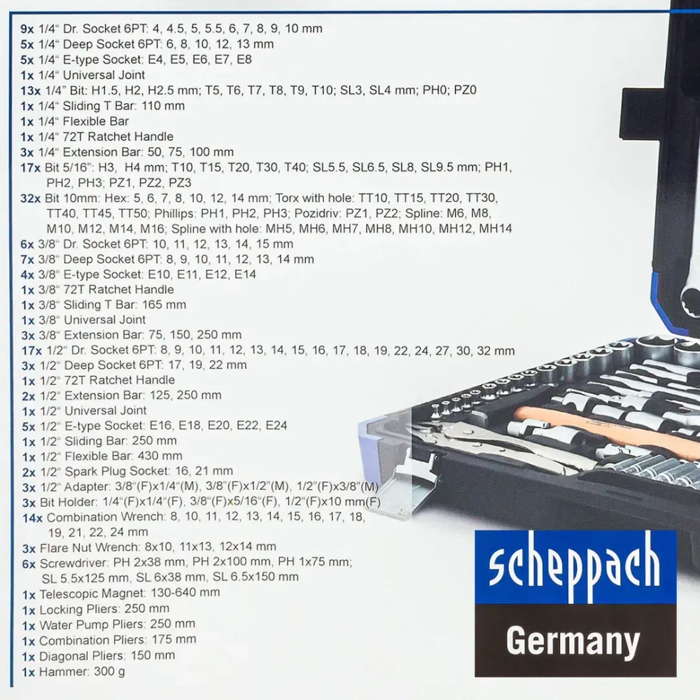 Набор инструментов 180пр. 1/4''3/8''1/2'' Scheppach Sch-41802-5
