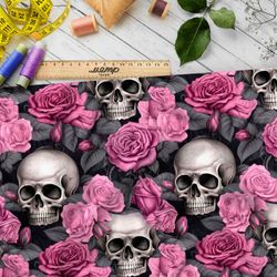 Ткань премиум таффета мрачные черепа на фоне роз