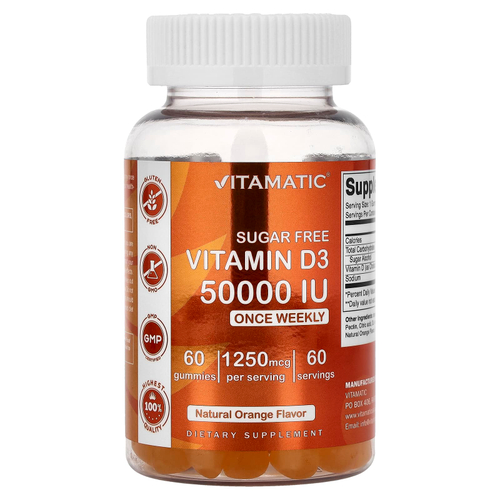 Vitamatic, жевательный витамин D3, натуральный апельсиновый вкус, 1250 мг (50 000 МЕ), 60 жевательных таблеток