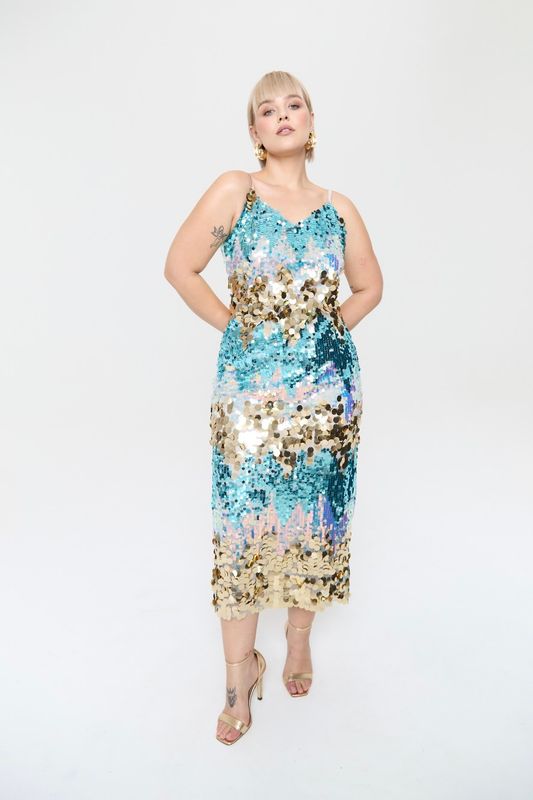 Платье-комбинация с пайетками, золотой с голубым