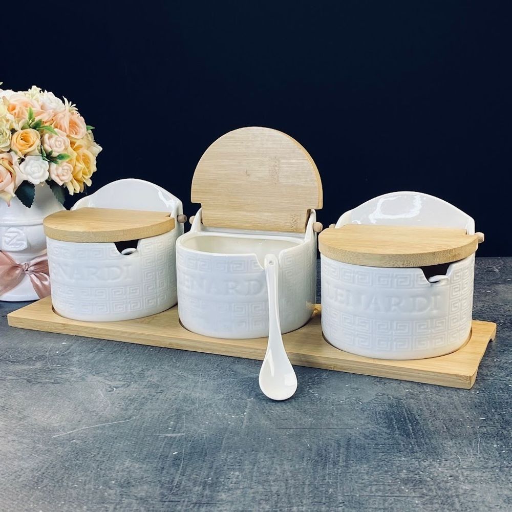 Lenardi 140-148 Набор из 3 банок 420 мл для специй с ложками на подставке BAMBOO в под.уп.(х8)Фарфор