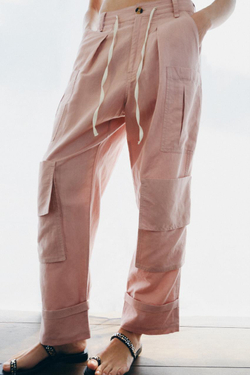 ZARA БРЮКИ КАРГО ИЗ СМЕСОВОГО ЛЬНА — ZW COLLECTION, СВЕТЛО-РОЗОВЫЙ