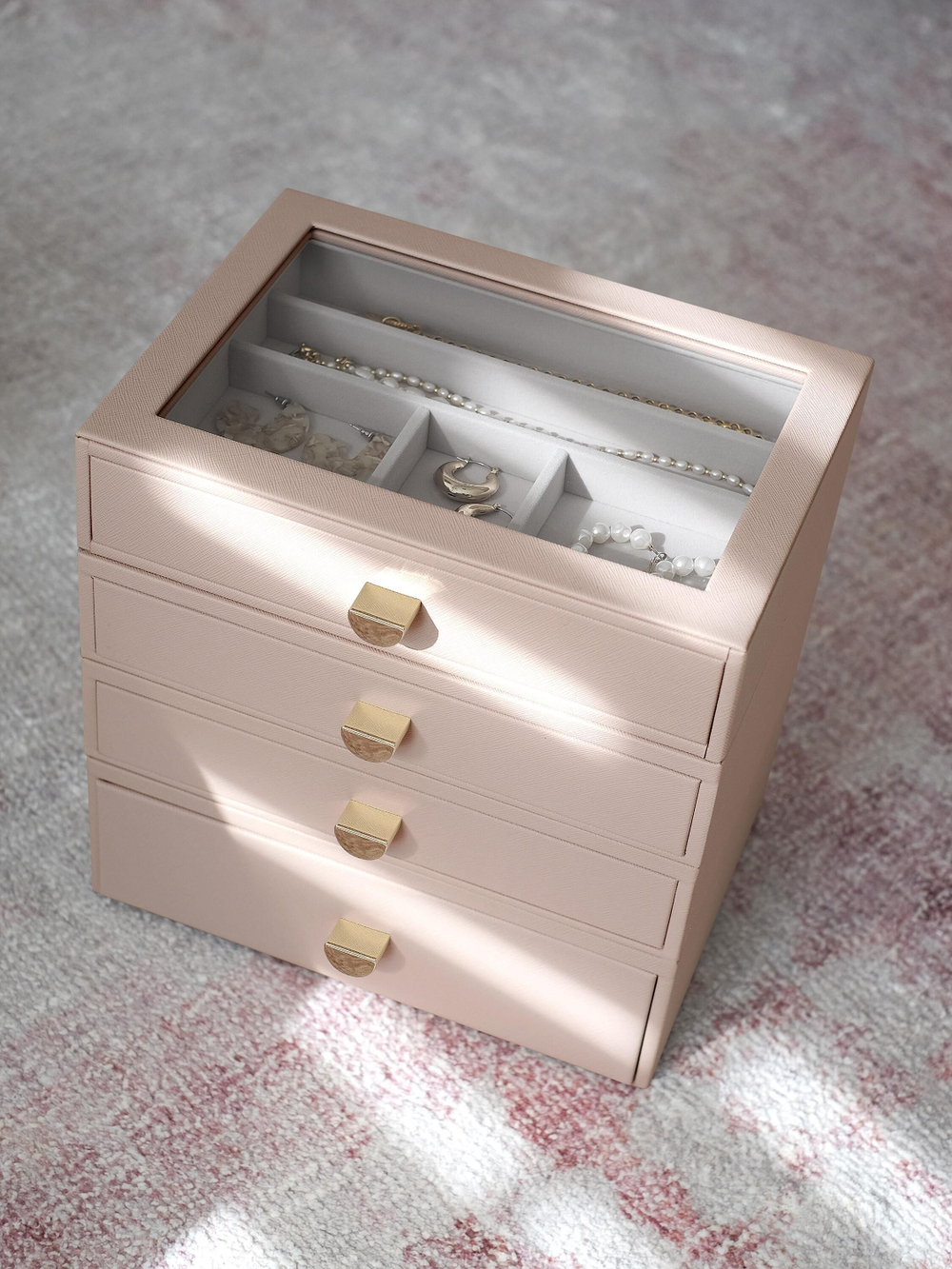 Органайзер для украшений и часов со стеклянной крышкой Stackers Classic Jewellery Box, 4 секции - White Pebble (White Pebble / серый / White Pebble / 500)
